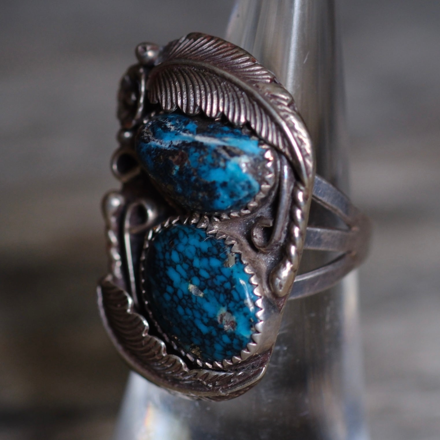 Vintage Sterling 2-Stone Matrix Turquoise Feather Ring 5.25