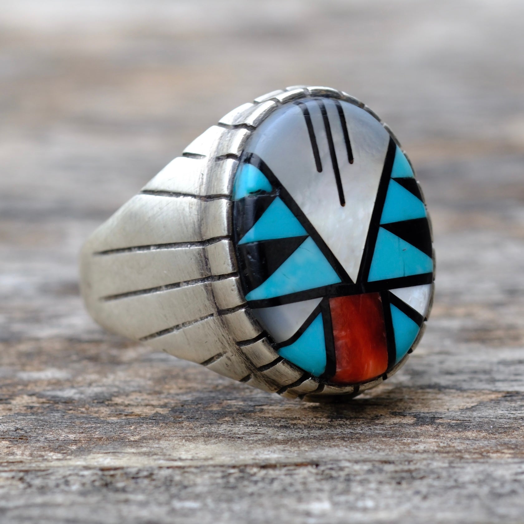 Vintage Sterling Zuni Inlay Ring 10.75