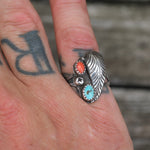 Vintage Sterling Turquoise and Coral Feather Ring 6.25