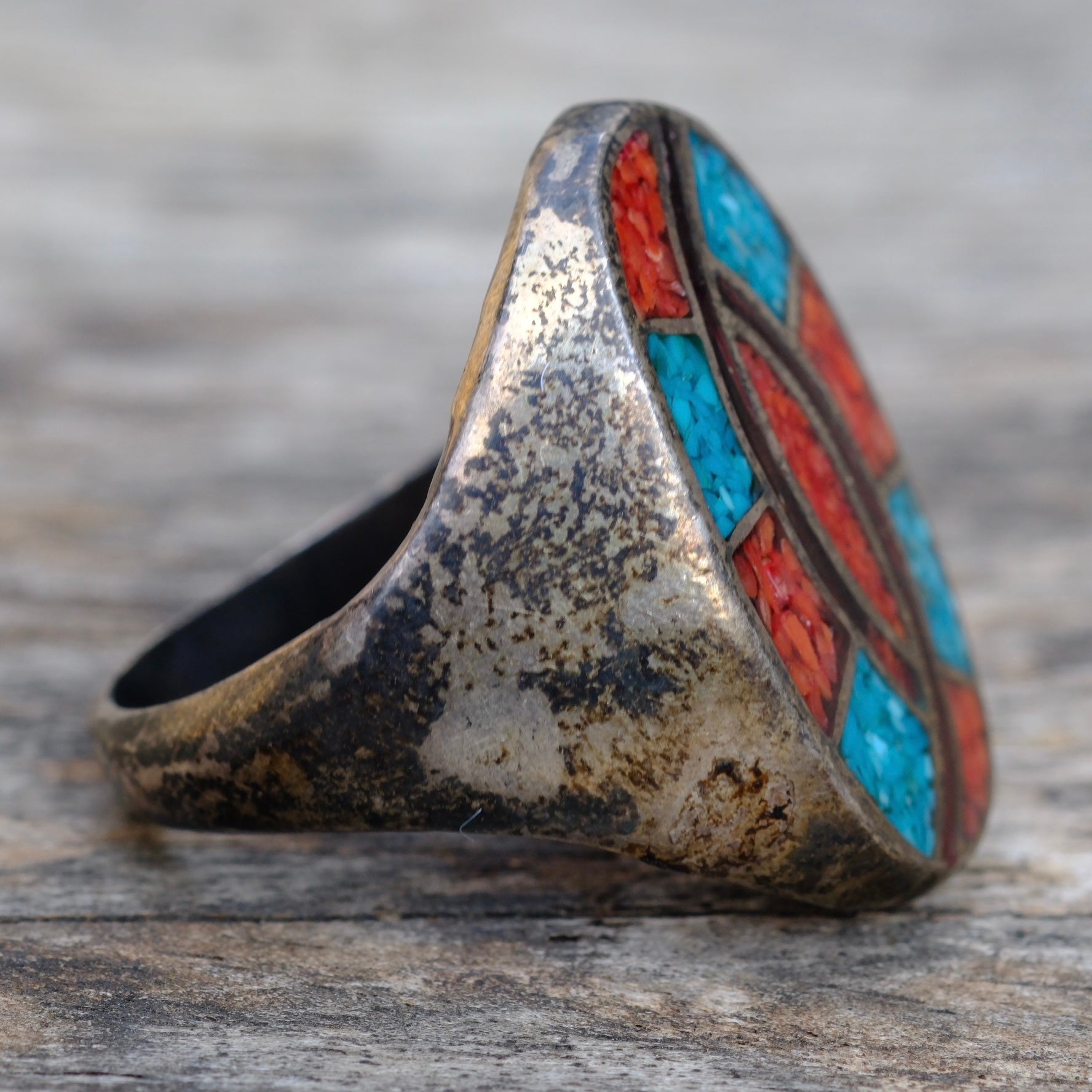 Vintage Sterling Turquoise and Coral Inlay Ring 11.75