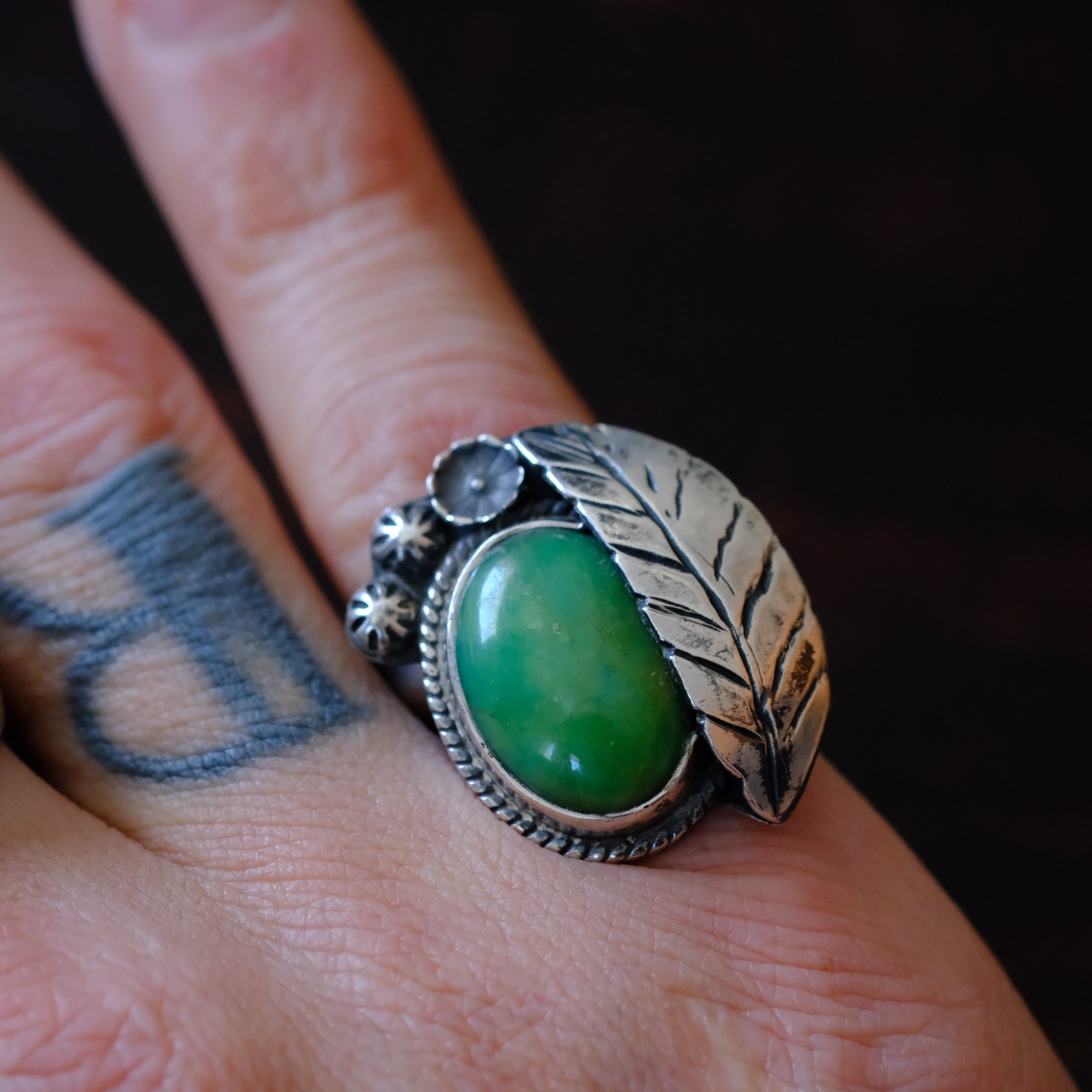 Vintage Sterling Turquoise Feather Ring 5.75