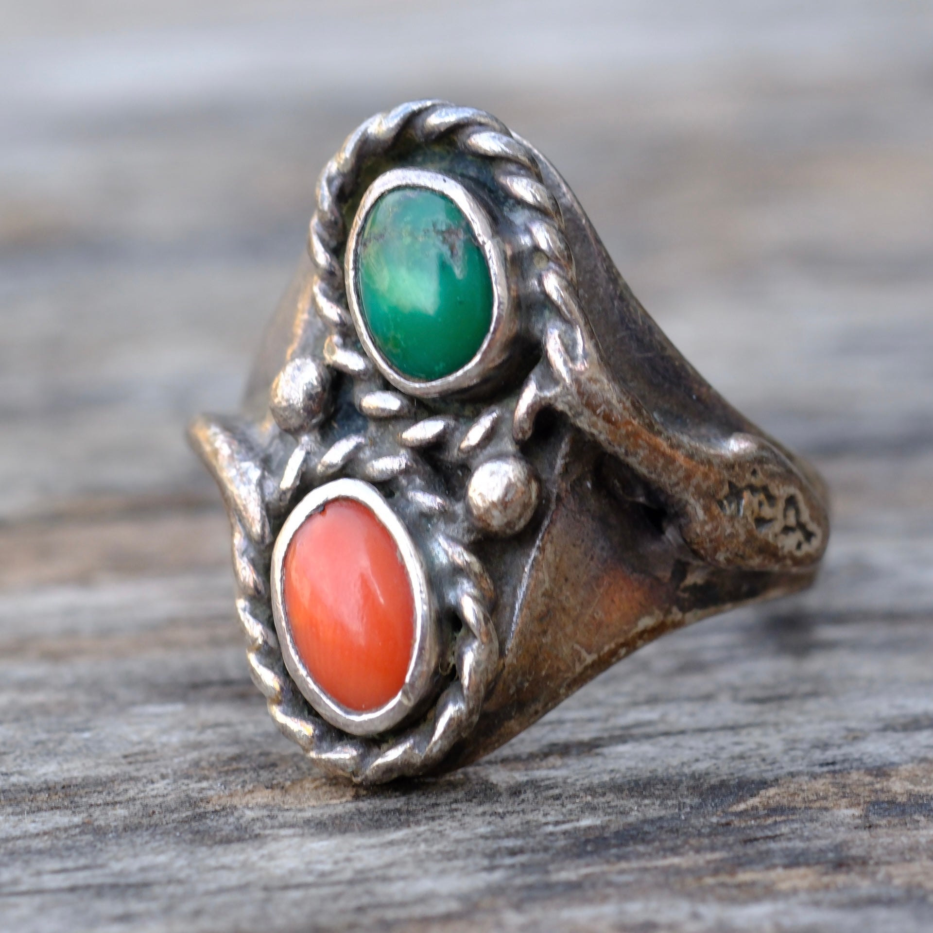 Vintage Sterling Turquoise and Coral Snake Ring 9