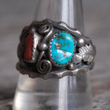 Vintage Sterling Turquoise and Coral Ring 11.25