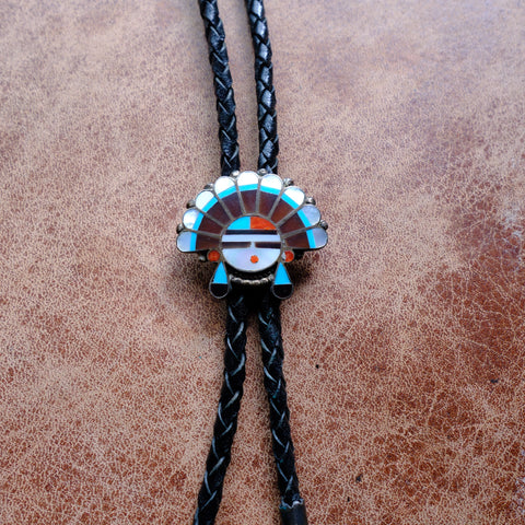 Vintage Sterling Multistone Inlay Zuni Headdress Bolo Tie