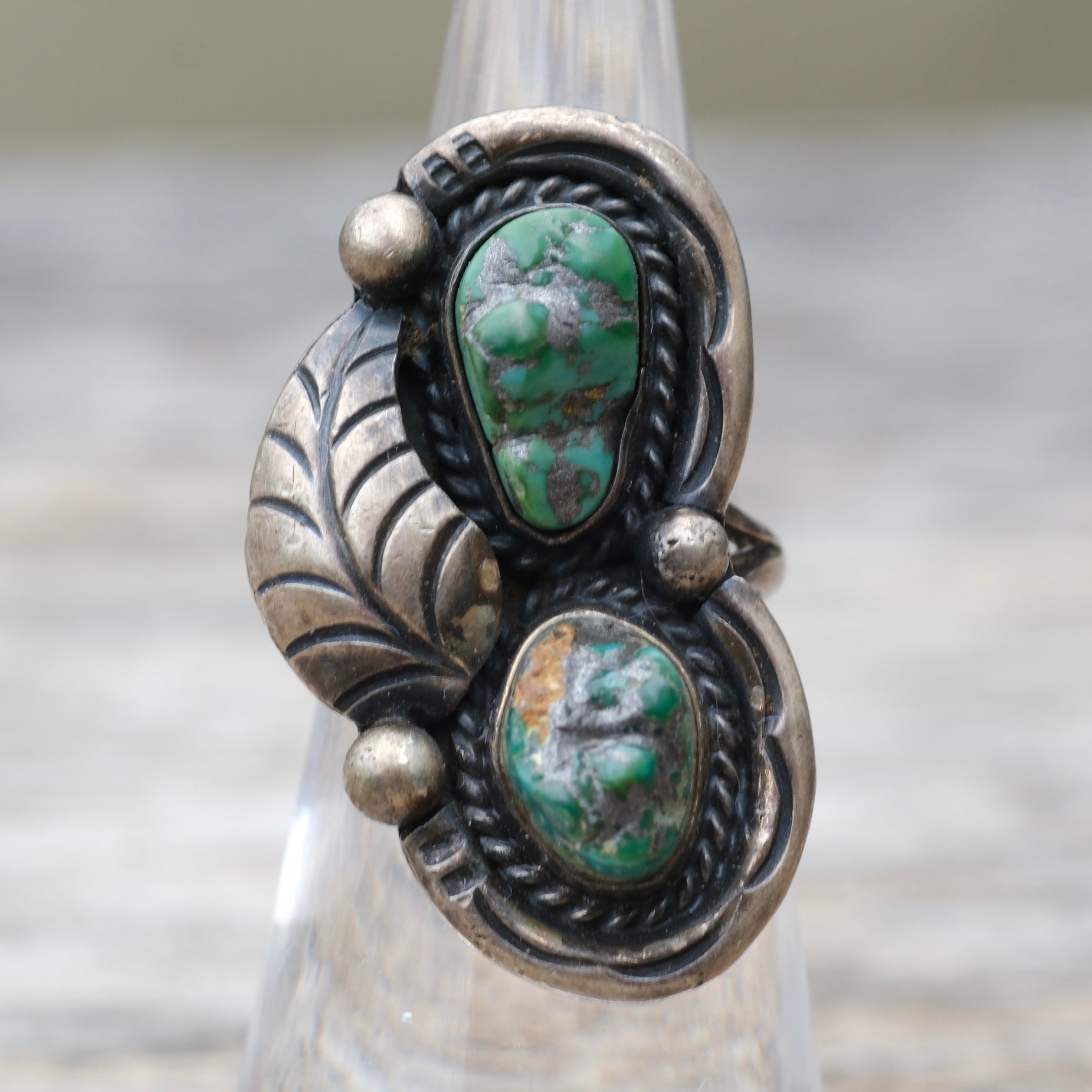 Vintage Sterling 2-Stone Turquoise Feather Ring 5.75