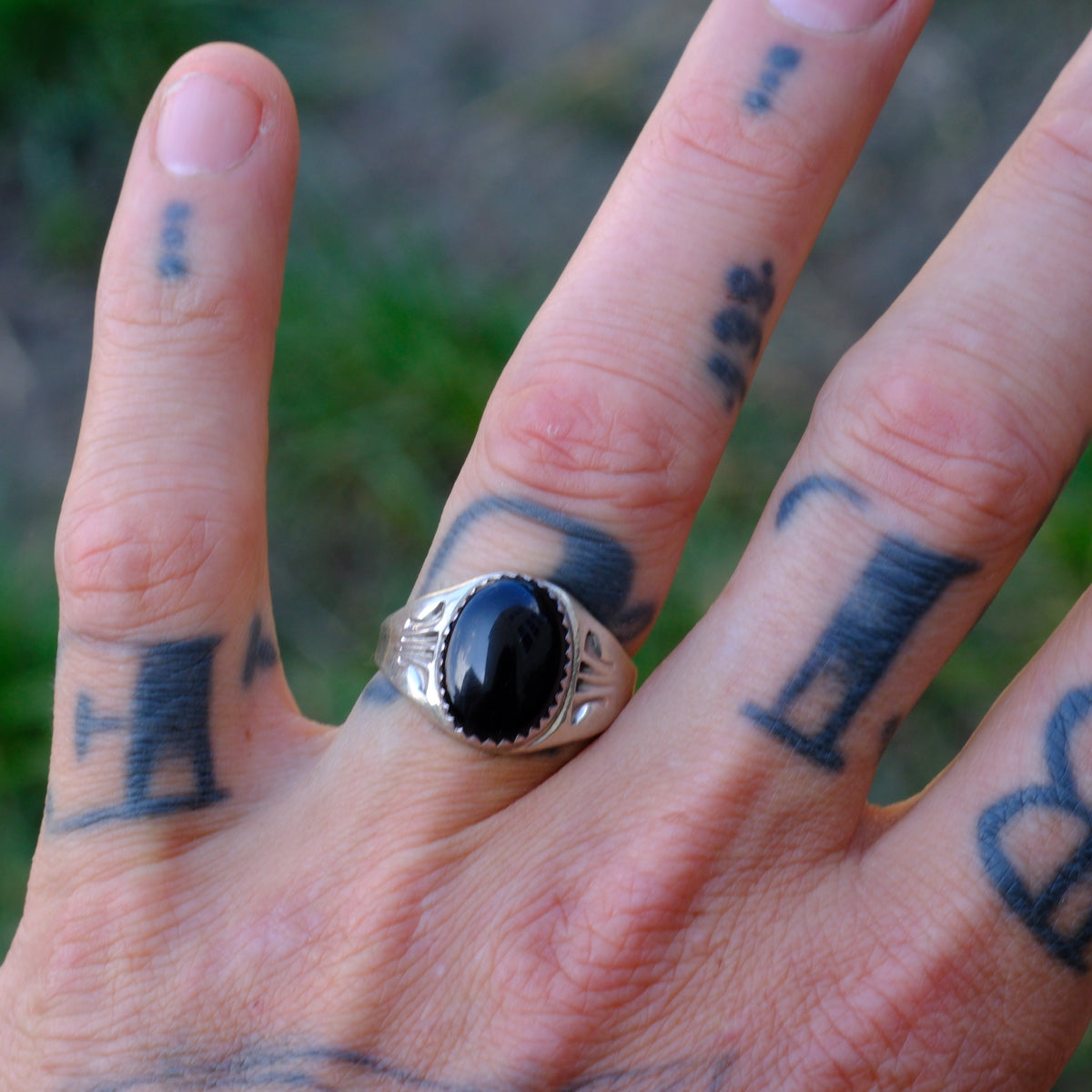 Vintage Sterling Onyx Stamped Band Ring 8.75