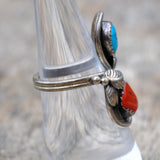 Vintage Sterling Turquoise and Coral Feather Overpass Ring 5.75