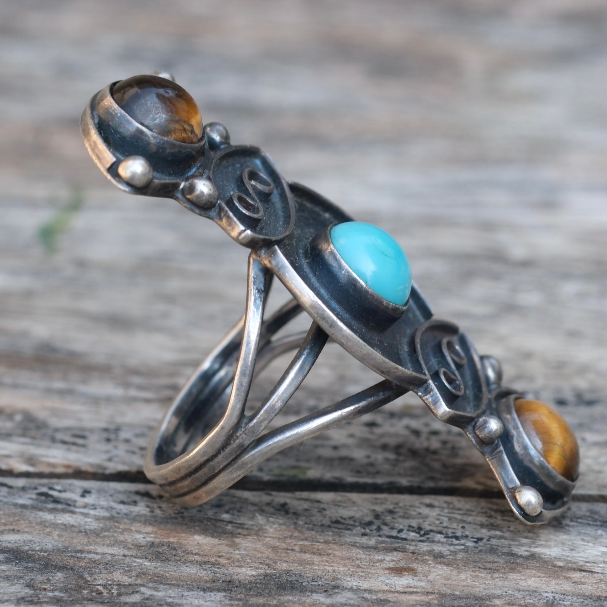 Huge Vintage Sterling Turquoise and Tigers Eye Ring 7.5