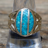 Vintage Sterling Crushed Turquoise Thunderbird Ring 10.5