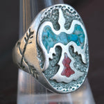 Vintage Sterling Crushed Turquoise and Coral Thunderbird Ring 10