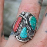 Vintage Sterling Turquoise and Coral Ring 8.75