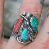 Vintage Sterling Turquoise and Coral Ring 8.75