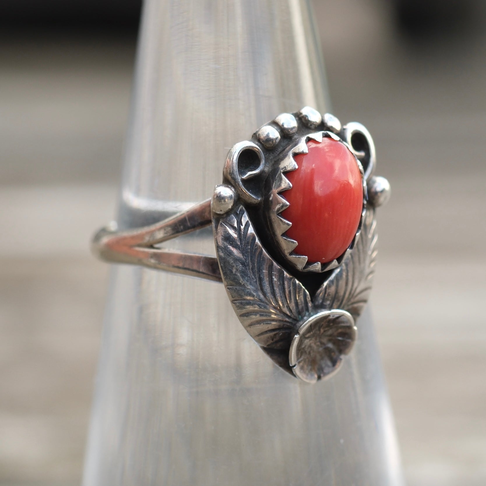 Vintage Sterling Coral Feather Ring 4