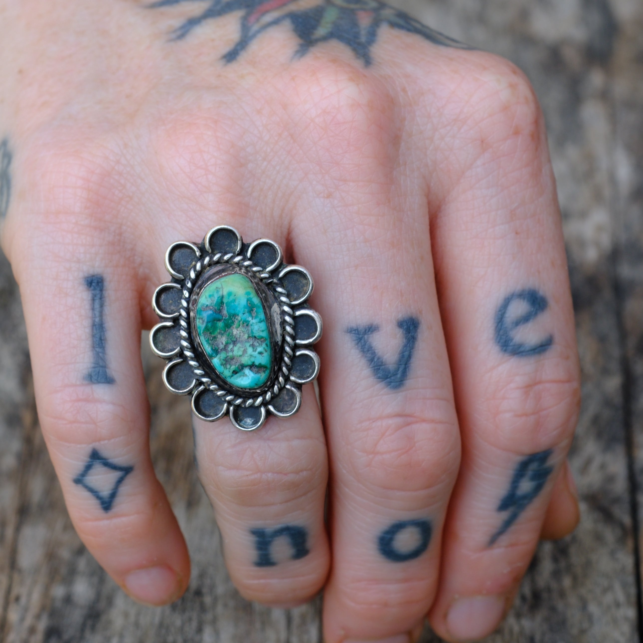 Vintage Sterling Turquoise Florette Ring 6