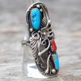 HUGE Vintage Sterling Turquoise and Coral Feather Ring 9.25