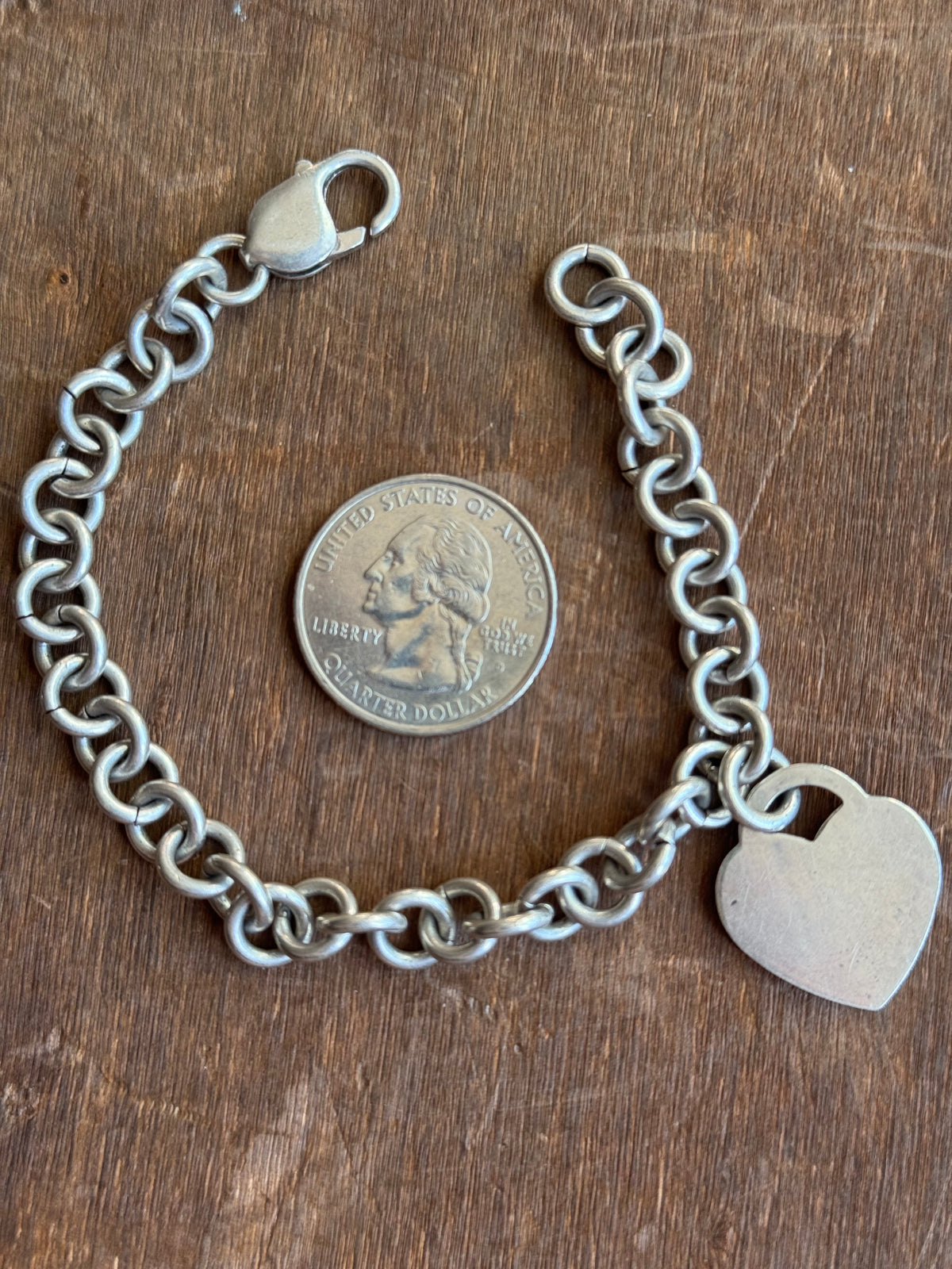 Vintage Sterling Silver 7.5” Cable Heart Tag Chain Bracelet