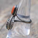 Vintage Sterling Turquoise and Coral Feather Ring 6.5