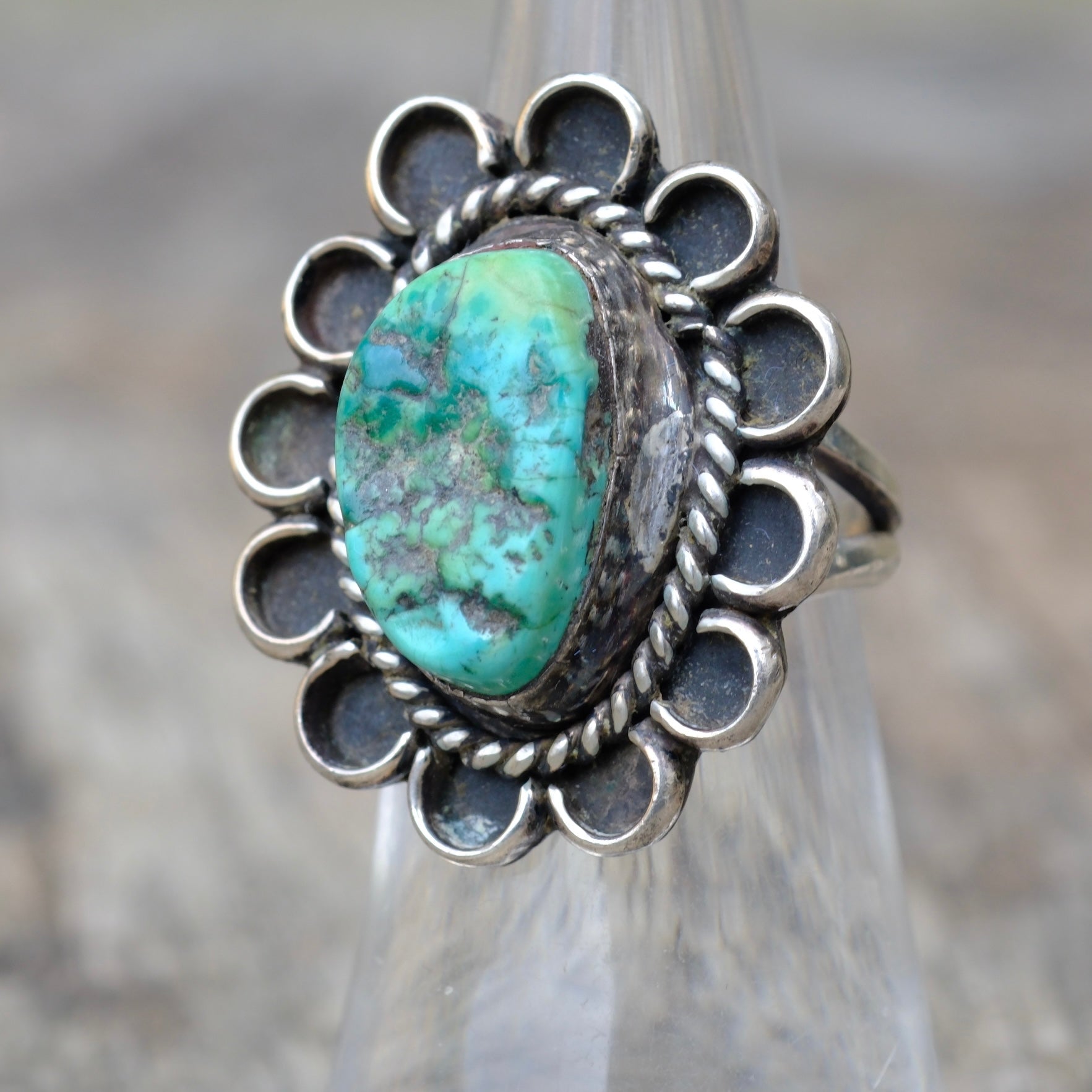 Vintage Sterling Turquoise Florette Ring 6