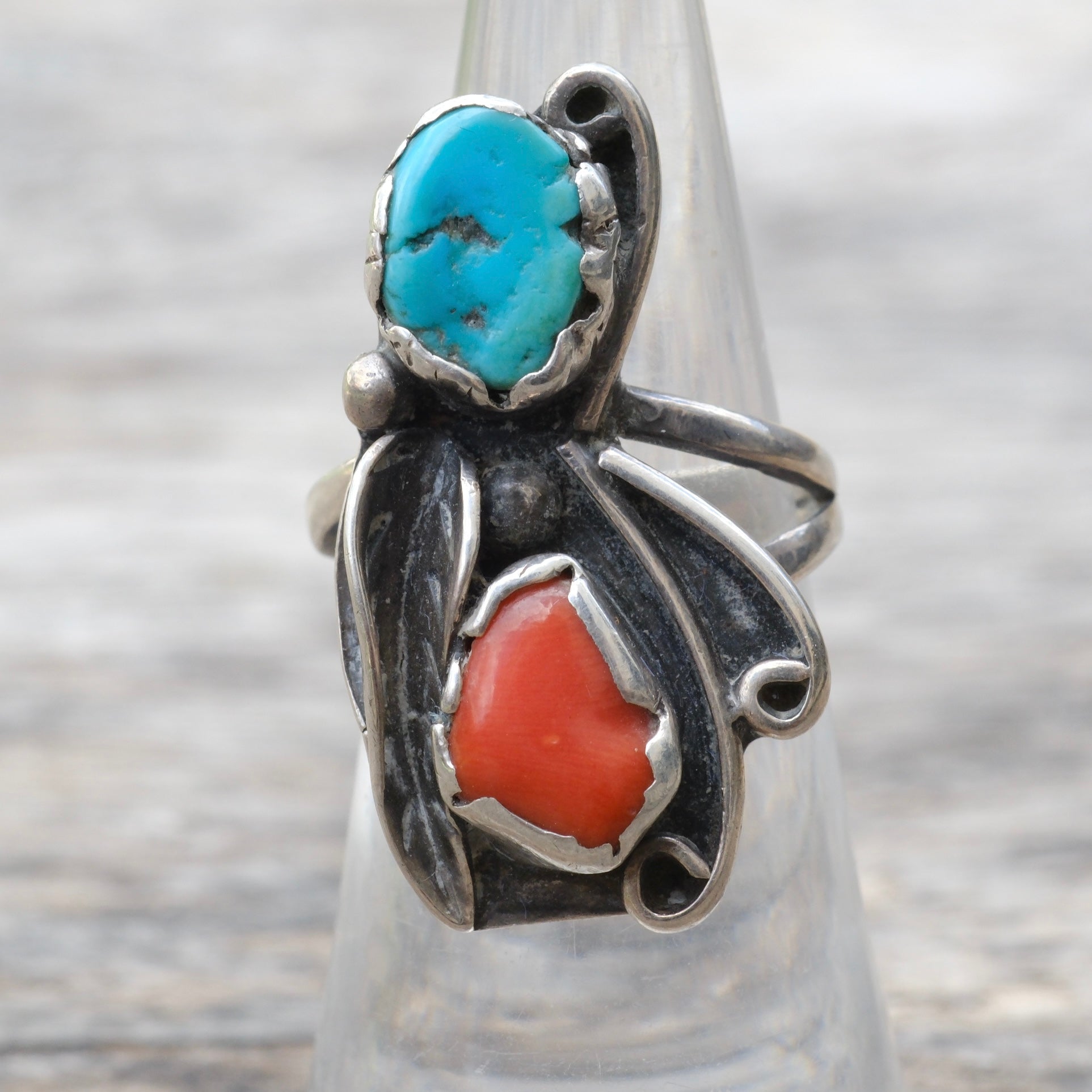 Vintage Sterling Turquoise and Coral Feather Ring 5.75