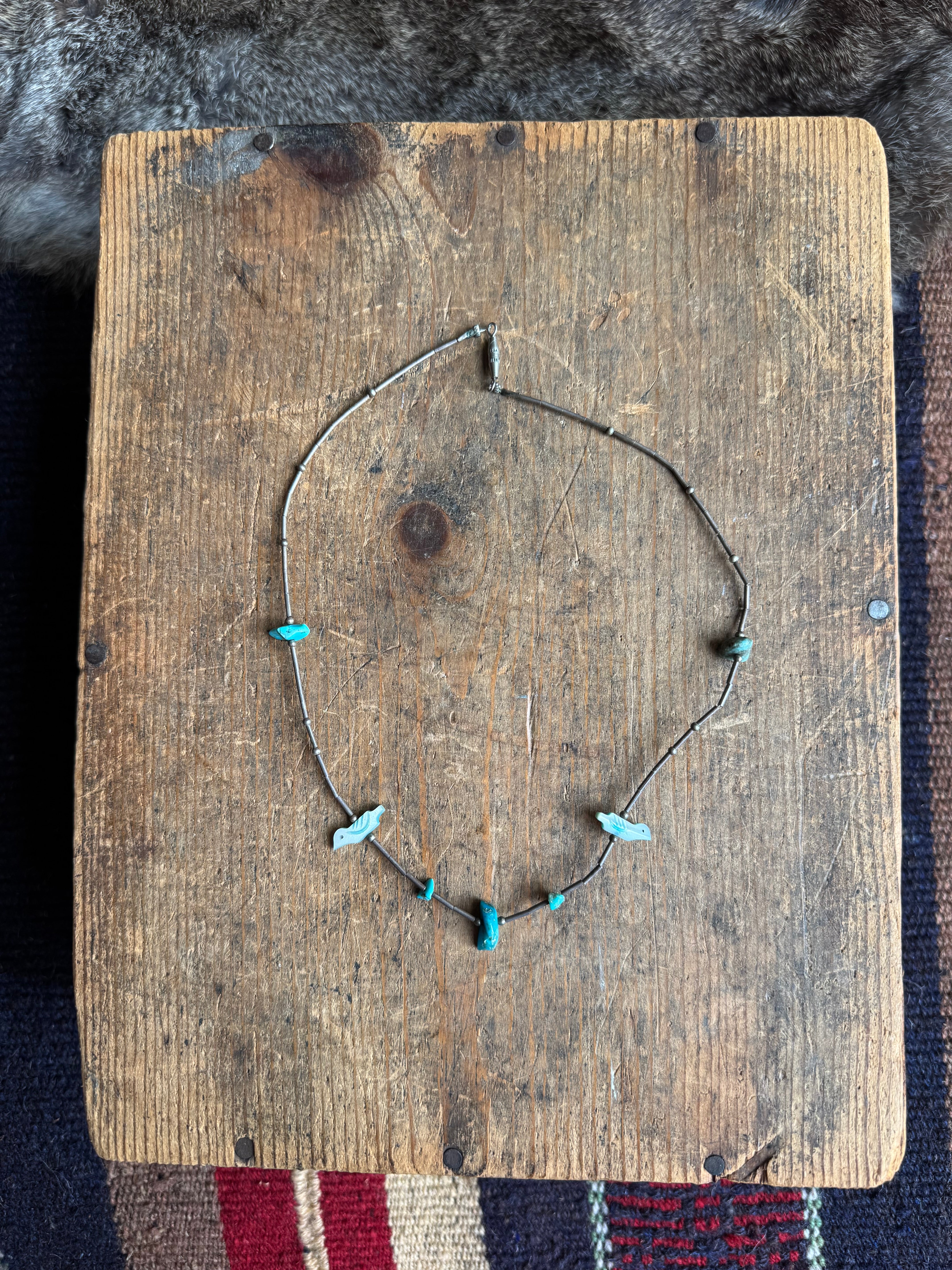 Vintage Sterling Silver Turquoise & Mother Of Pearl Fetish Necklace
