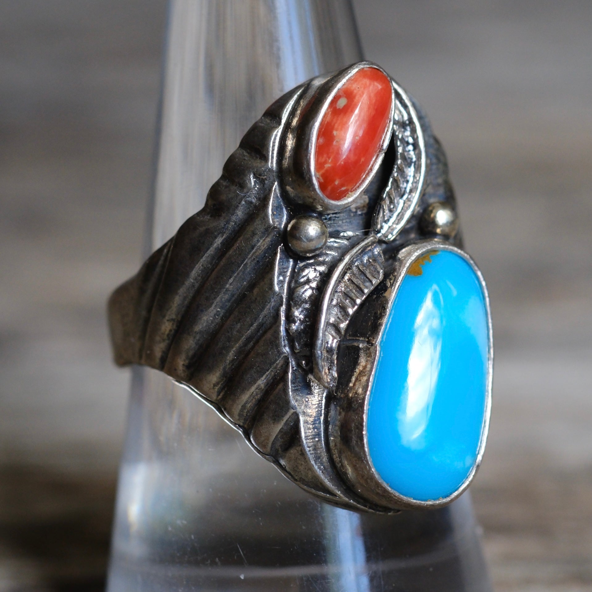 Vintage Sterling Turquoise and Coral Feather Ring 9