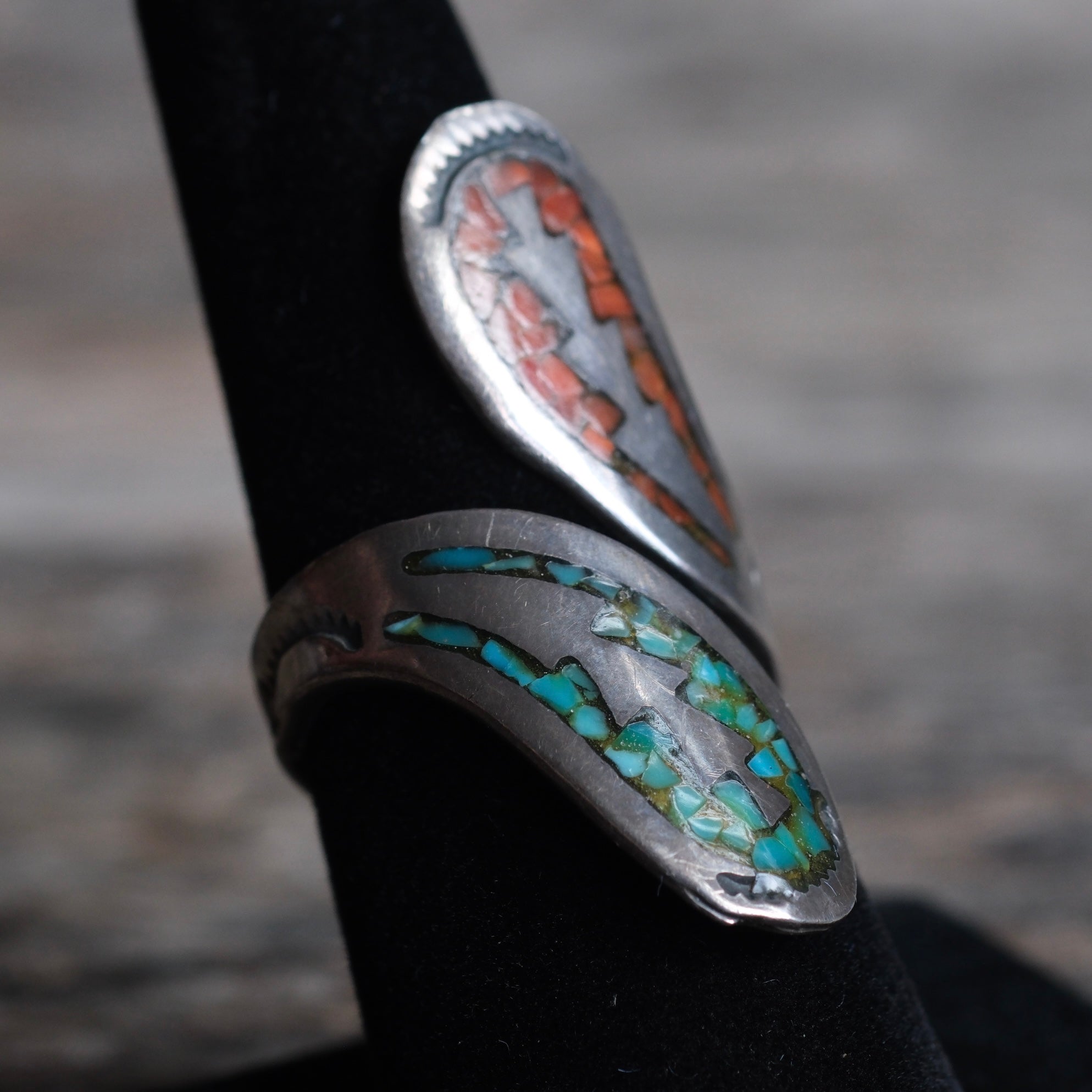 Vintage Sterling Turquoise and Coral Overpass Ring 8