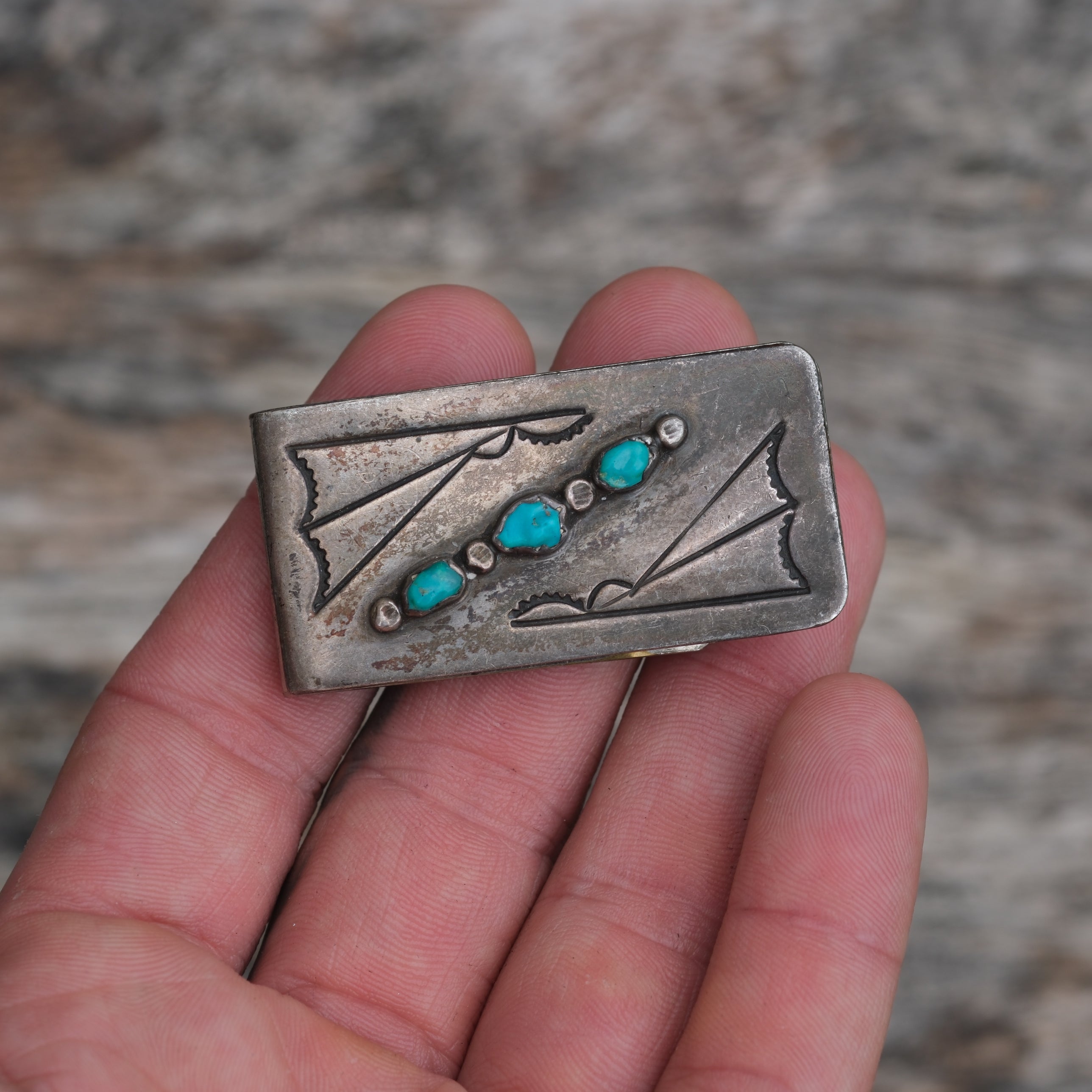 Vintage Sterling Silver Overlay Turquoise Stamped Money Clip
