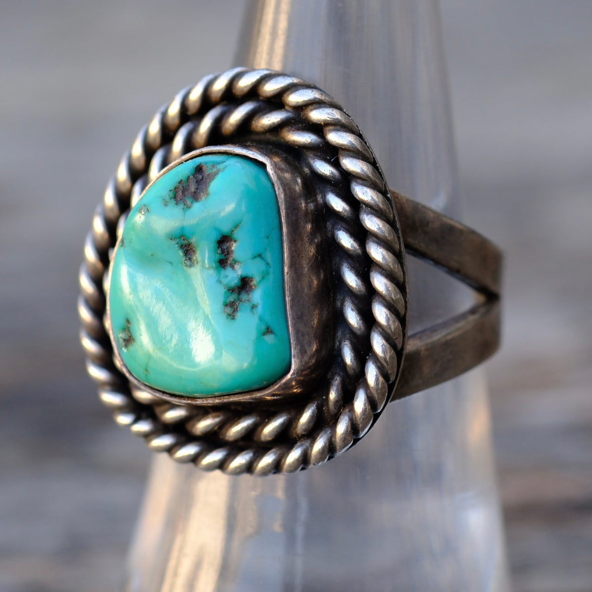Vintage Sterling Turquoise Roper Ring 7