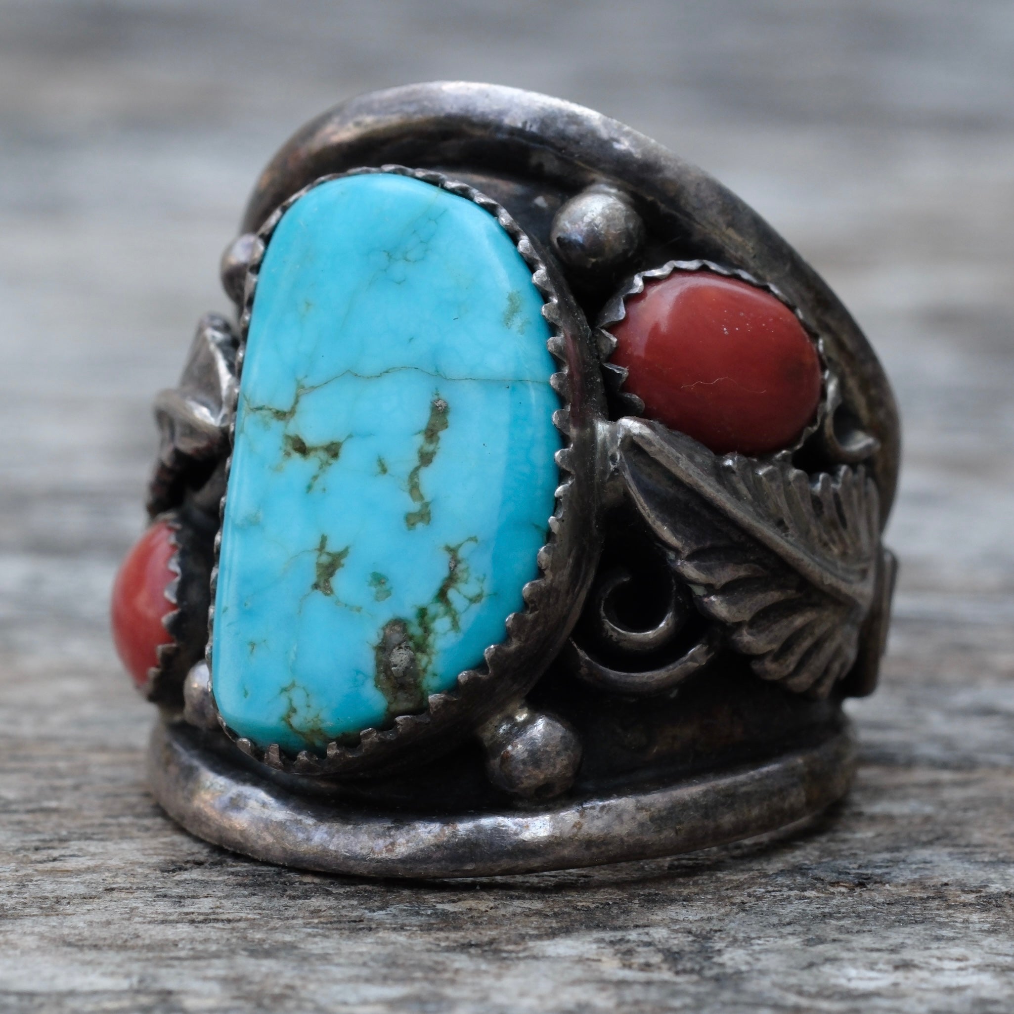 Vintage Sterling Turquoise and Coral Feather Ring 11