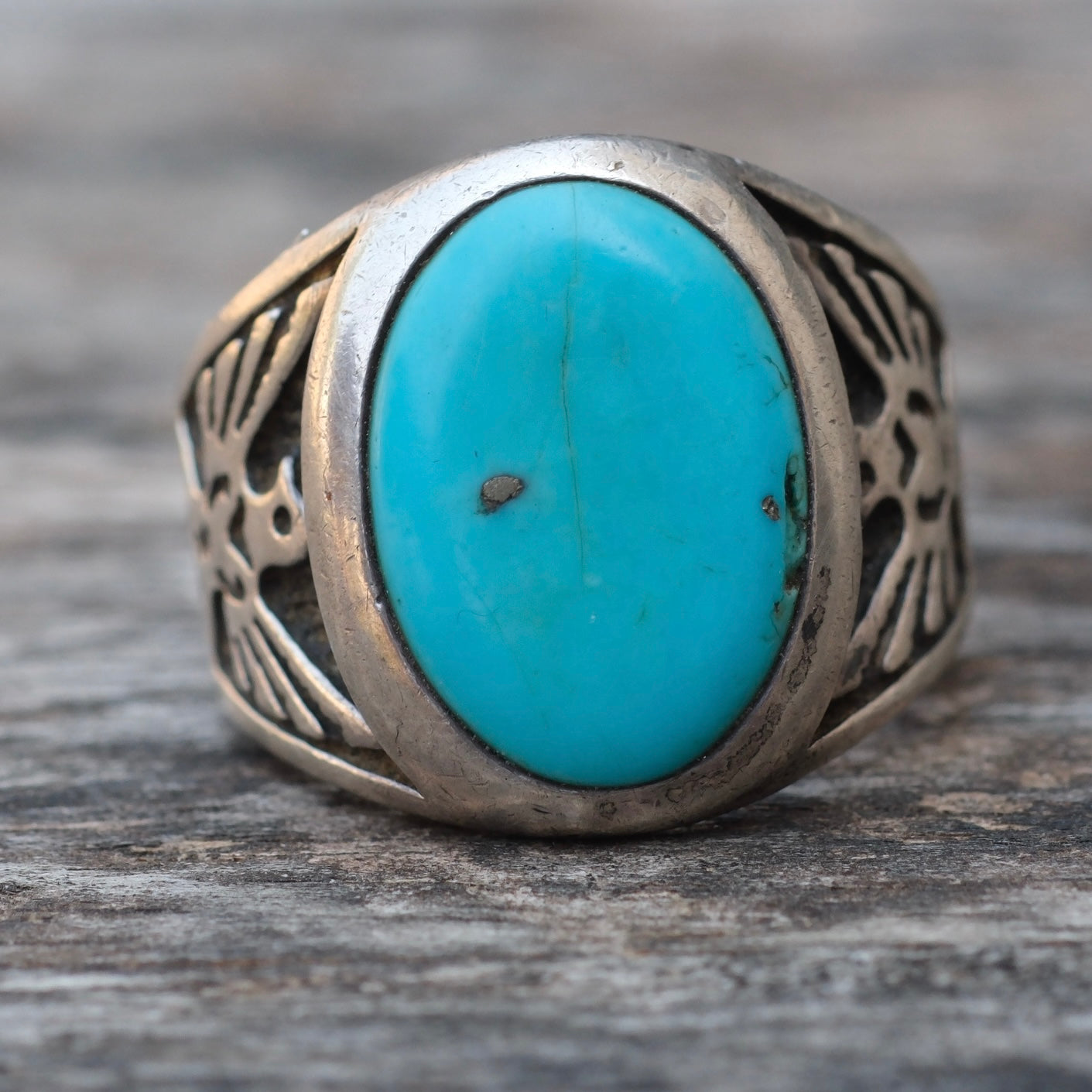 Vintage Sterling Turquoise Thunderbird Ring 9.75