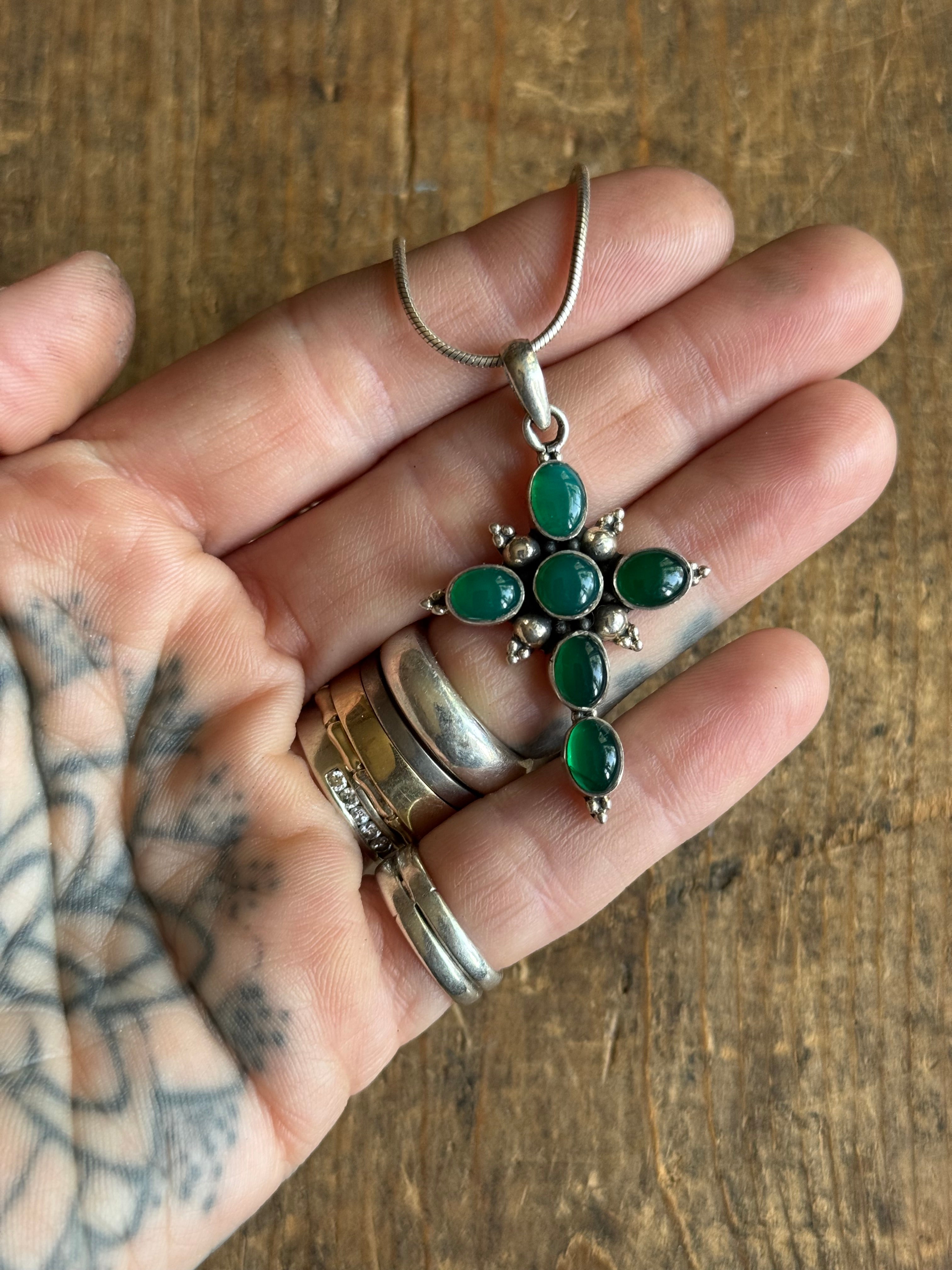 Vintage Sterling Silver Green Glass Cross Necklace