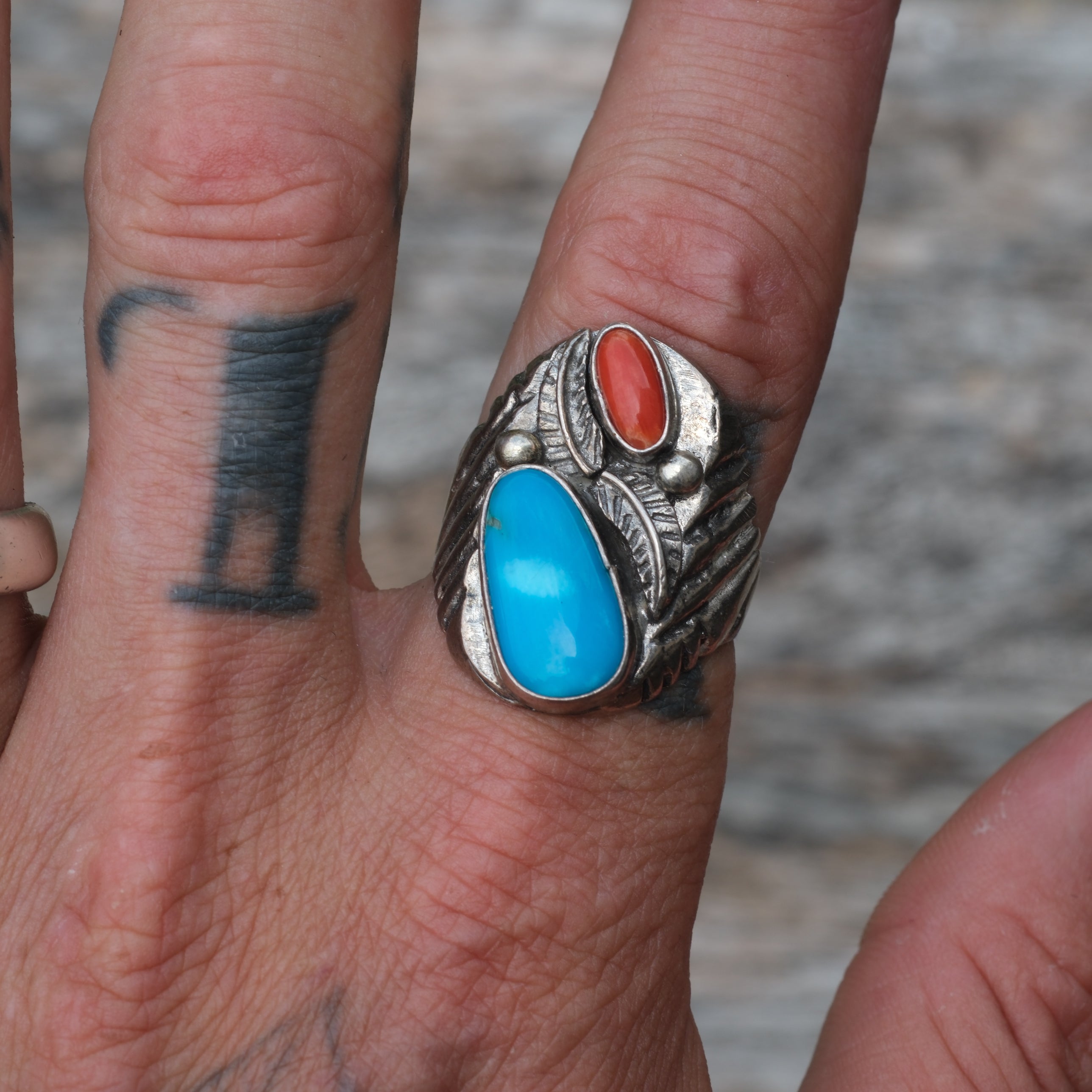 Vintage Sterling Turquoise and Coral Ring 9.75