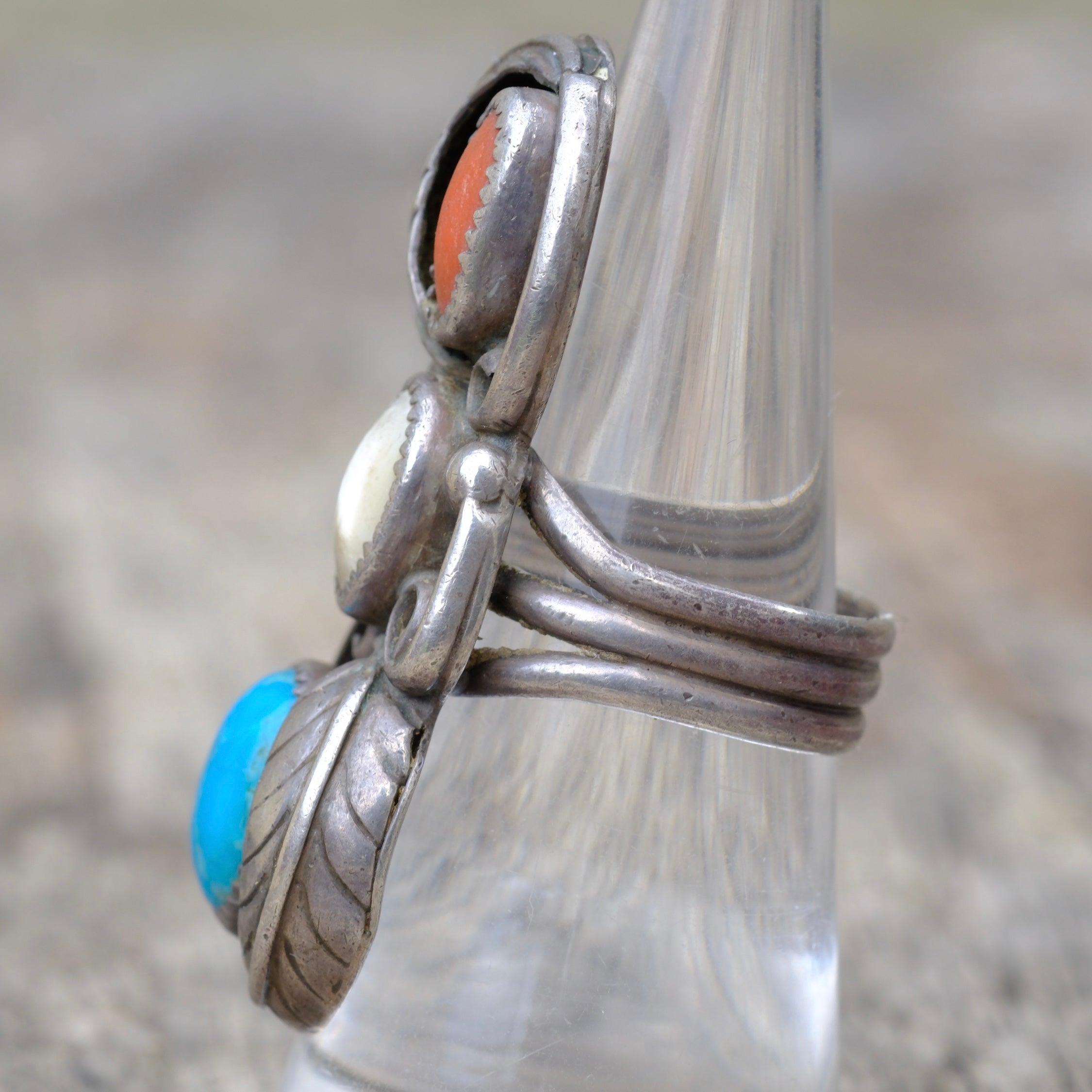 Vintage Sterling Turquoise Coral and Turquoise Feather Ring 7.25