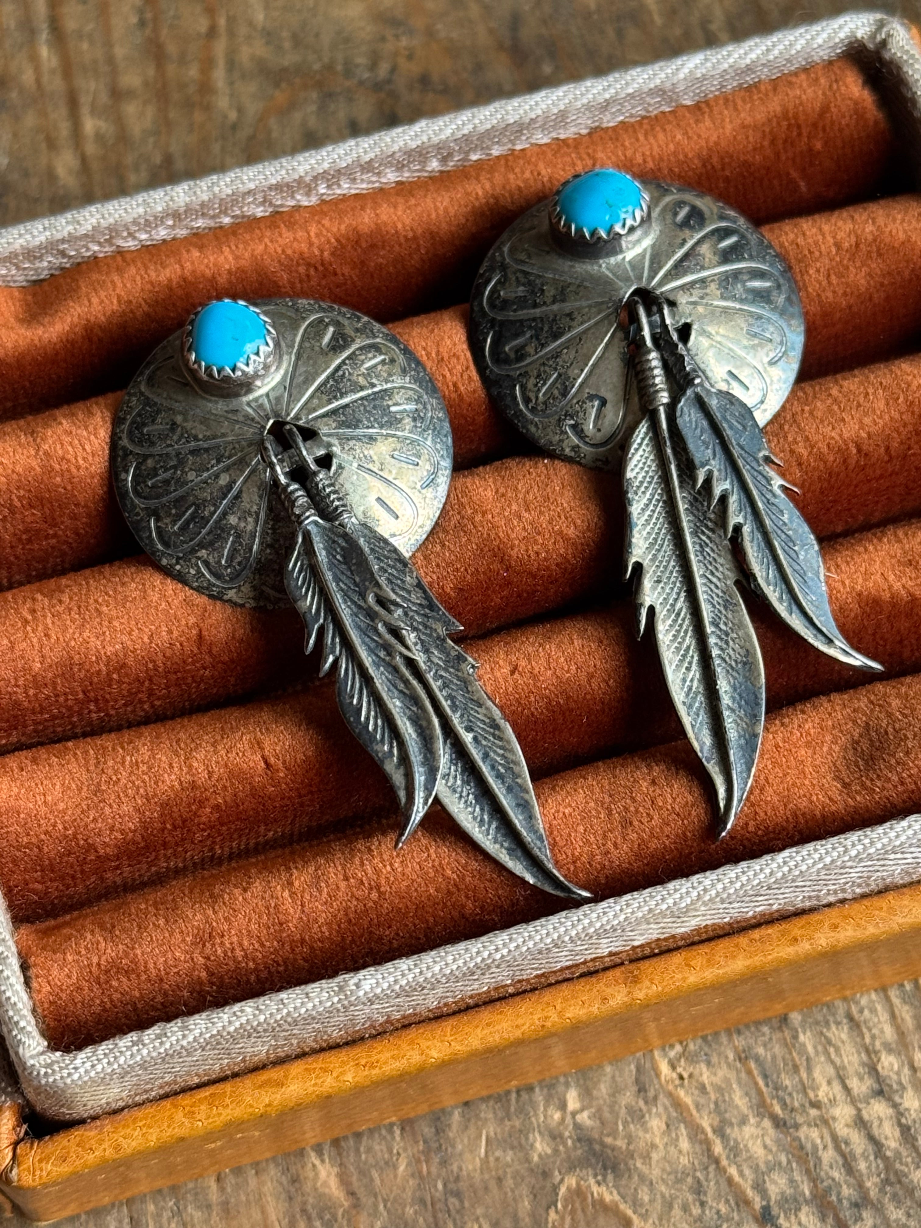Vintage Sterling Silver Turquoise Feather Concho Earrings