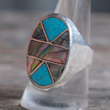 Vintage Sterling Abalone and Turquoise Inlay Ring 9.5