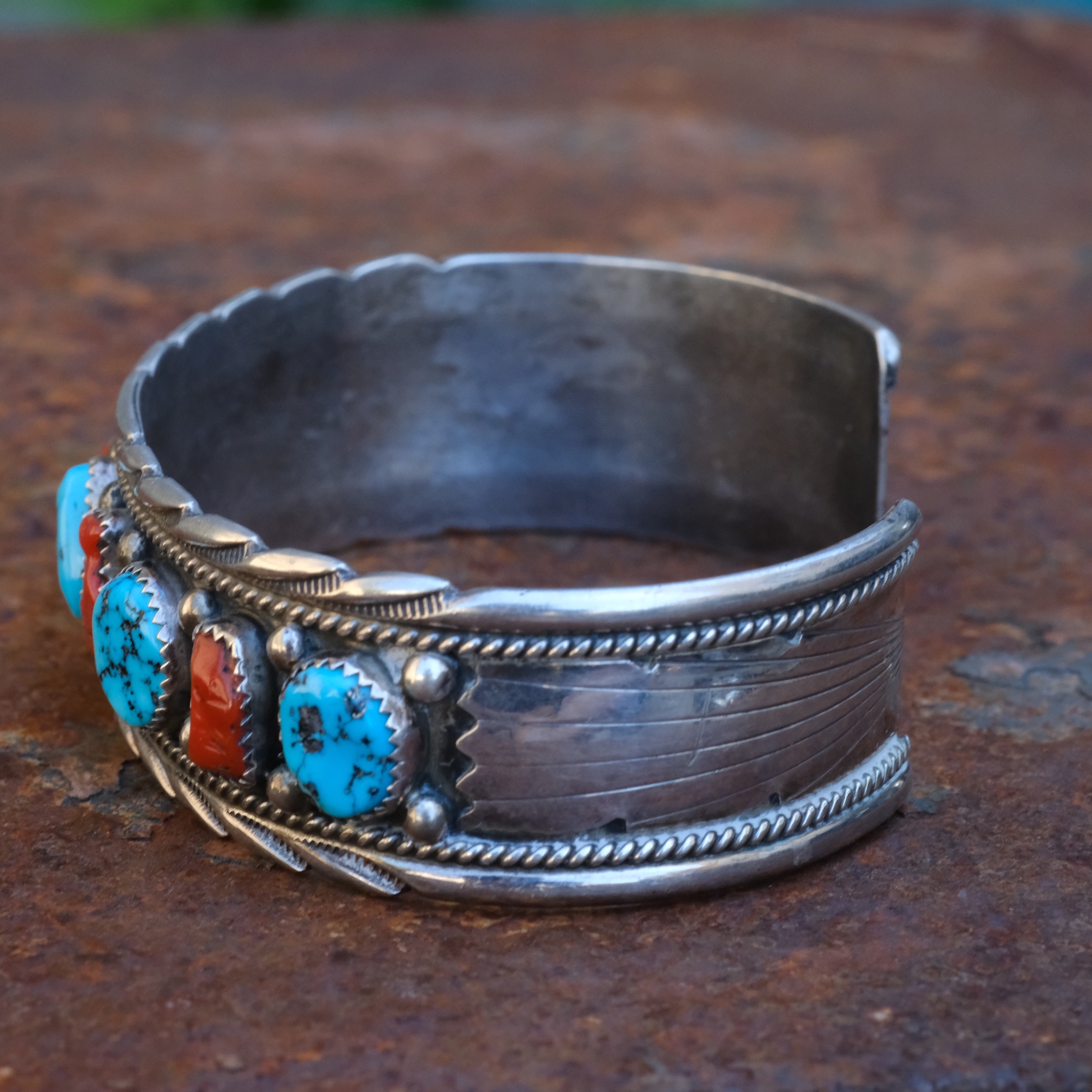 Large Vintage Sterling Turquoise and Coral Cuff Bracelet