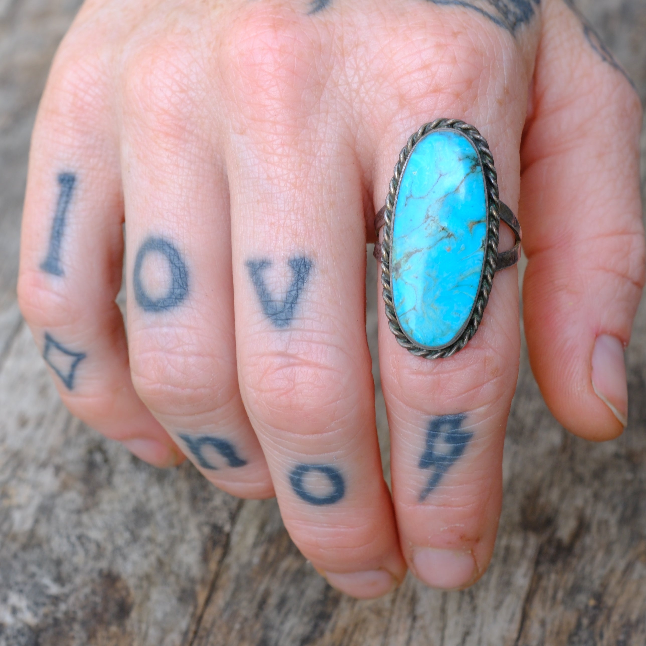 Vintage Sterling Turquoise Roper Ring 7