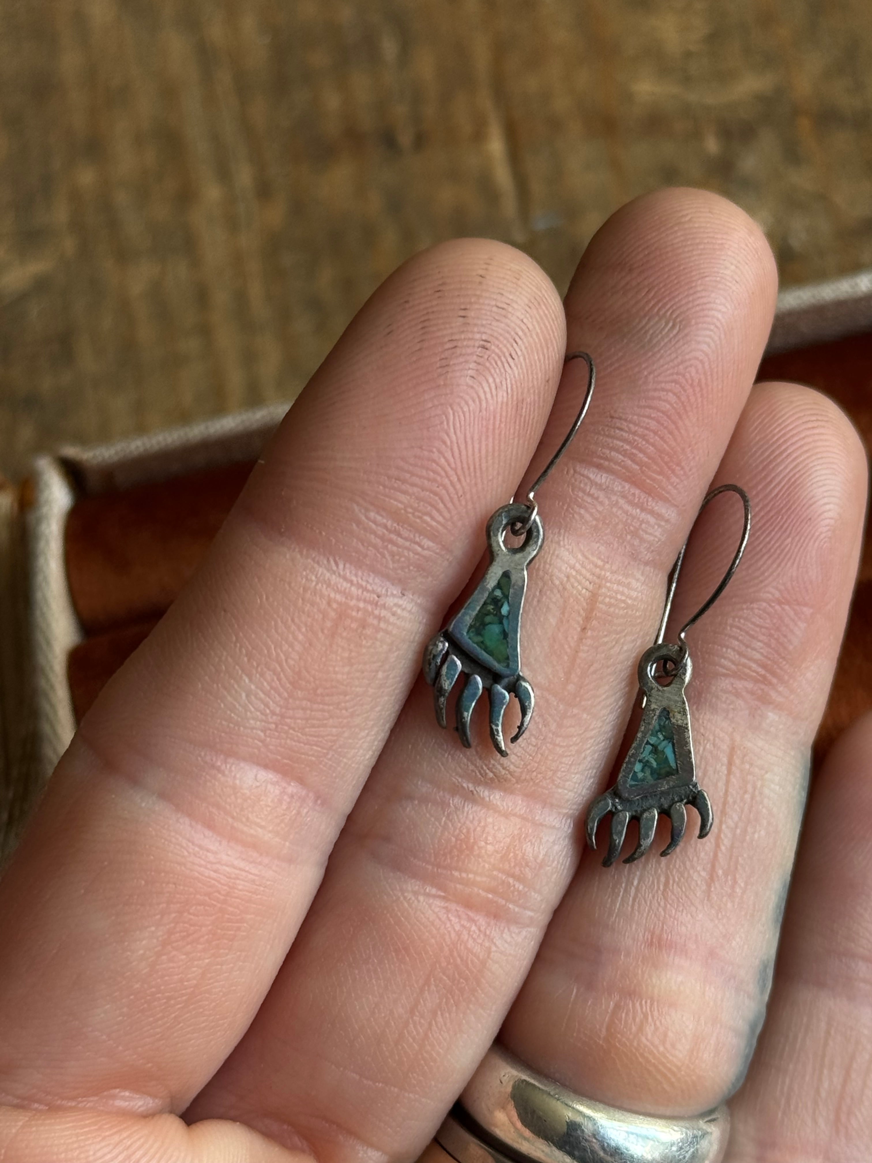 Vintage Sterling Silver Turquoise Inlay Bear Paw Earrings
