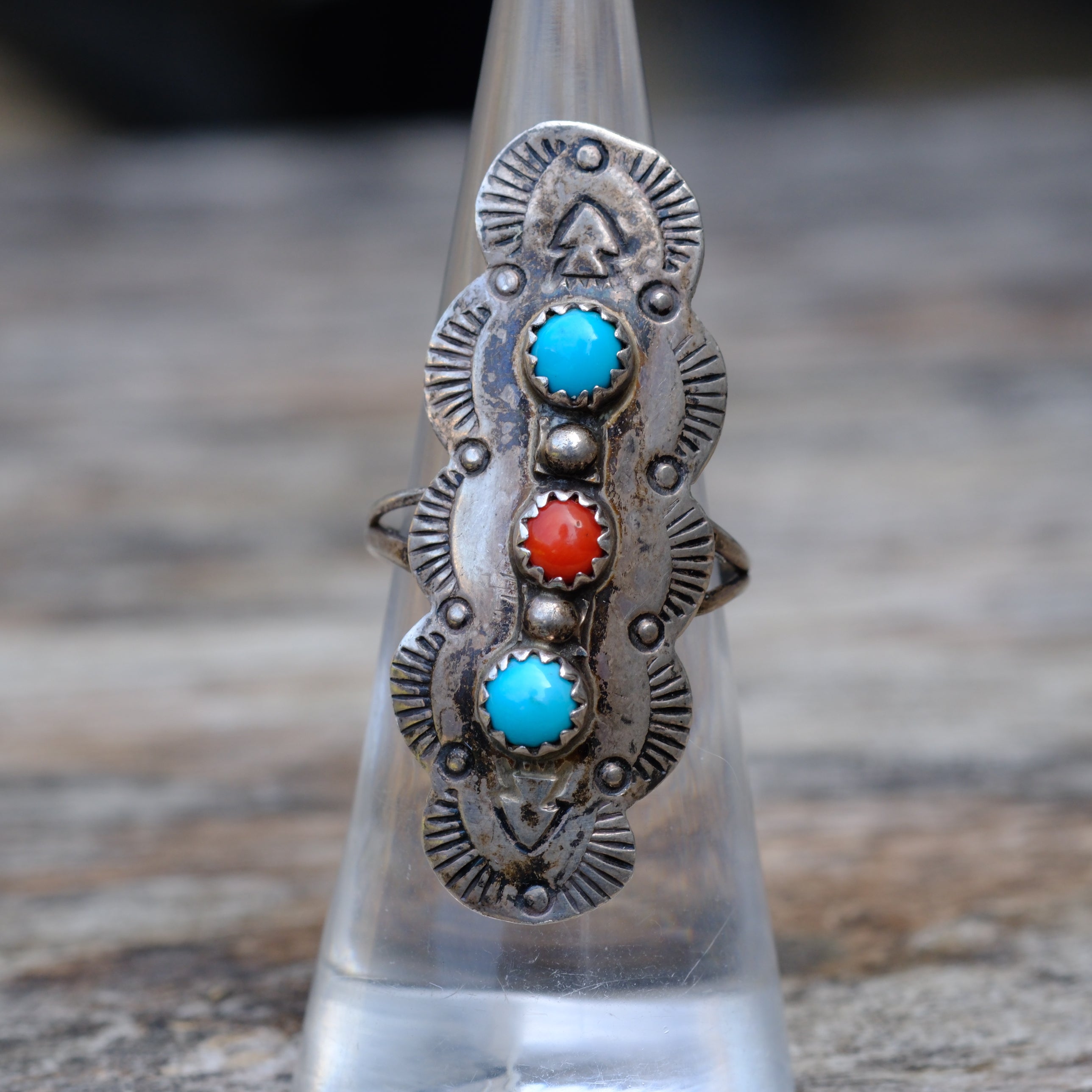 Vintage Sterling Turquoise and Coral Stampe Ring 6.75