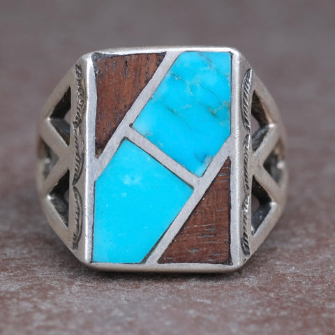 Vintage Sterling Turquoise and Coral Inlay Ring 10.75