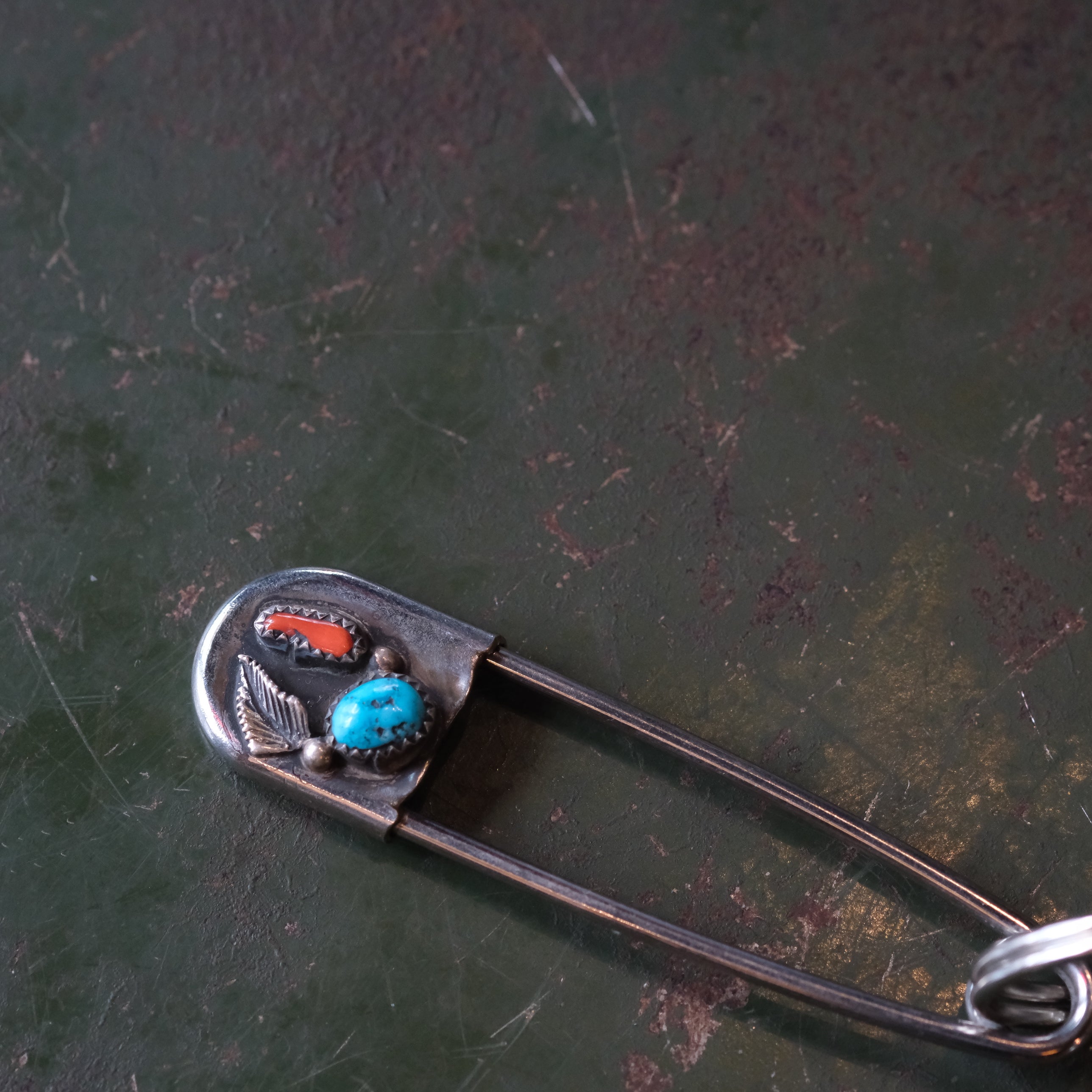 Vintage Turquoise and Coral Safety Pin Keychain 3"