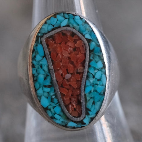 Vintage Sterling Crushed Turquoise and Coral Inlay Ring  8.75