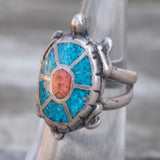 Vintage Sterling Turquoise and Coral Turtle Ring 5