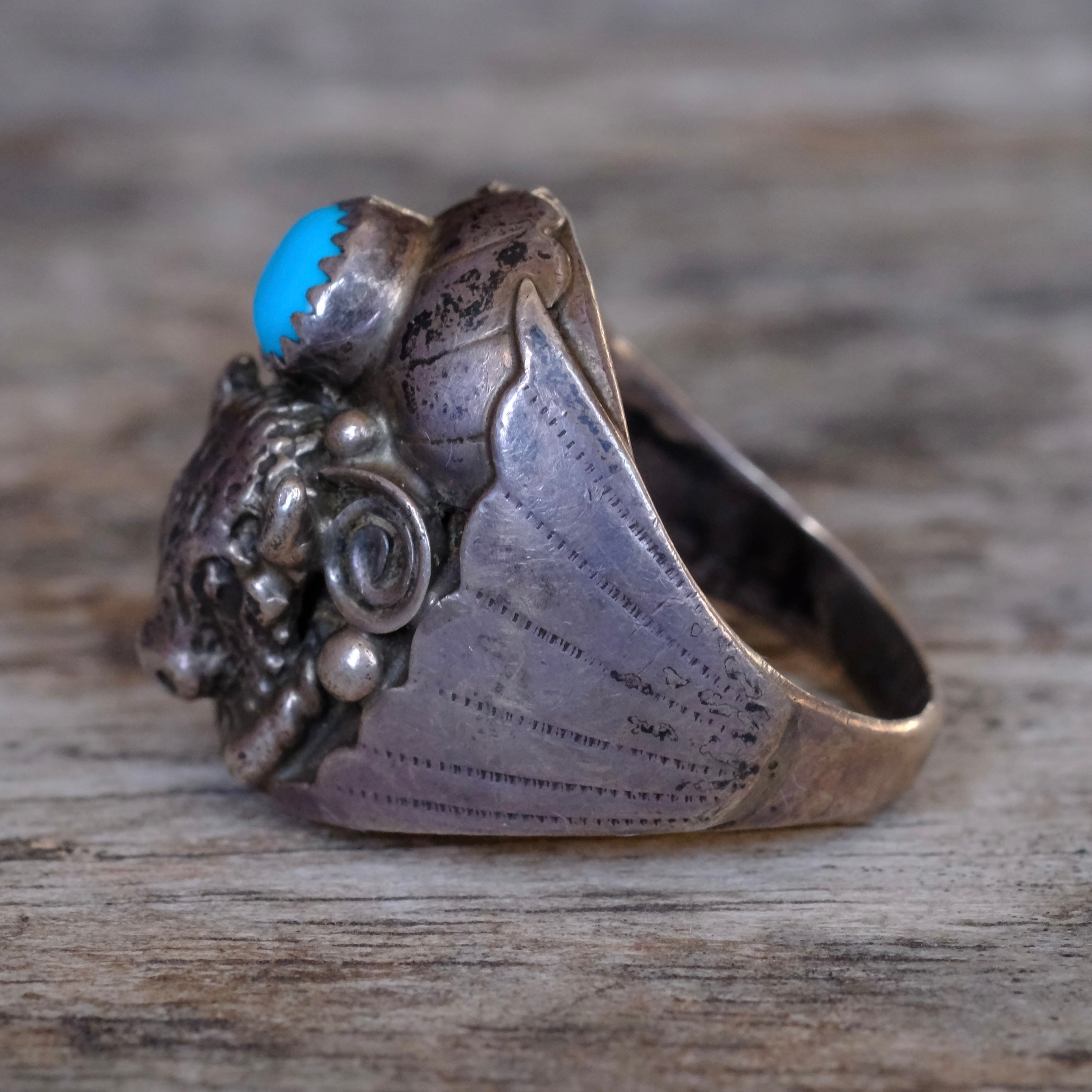 Vintage Sterling Turquoise and Coral Buffalo Ring 8.75