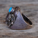 Vintage Sterling Turquoise and Coral Bull Ring 8.75