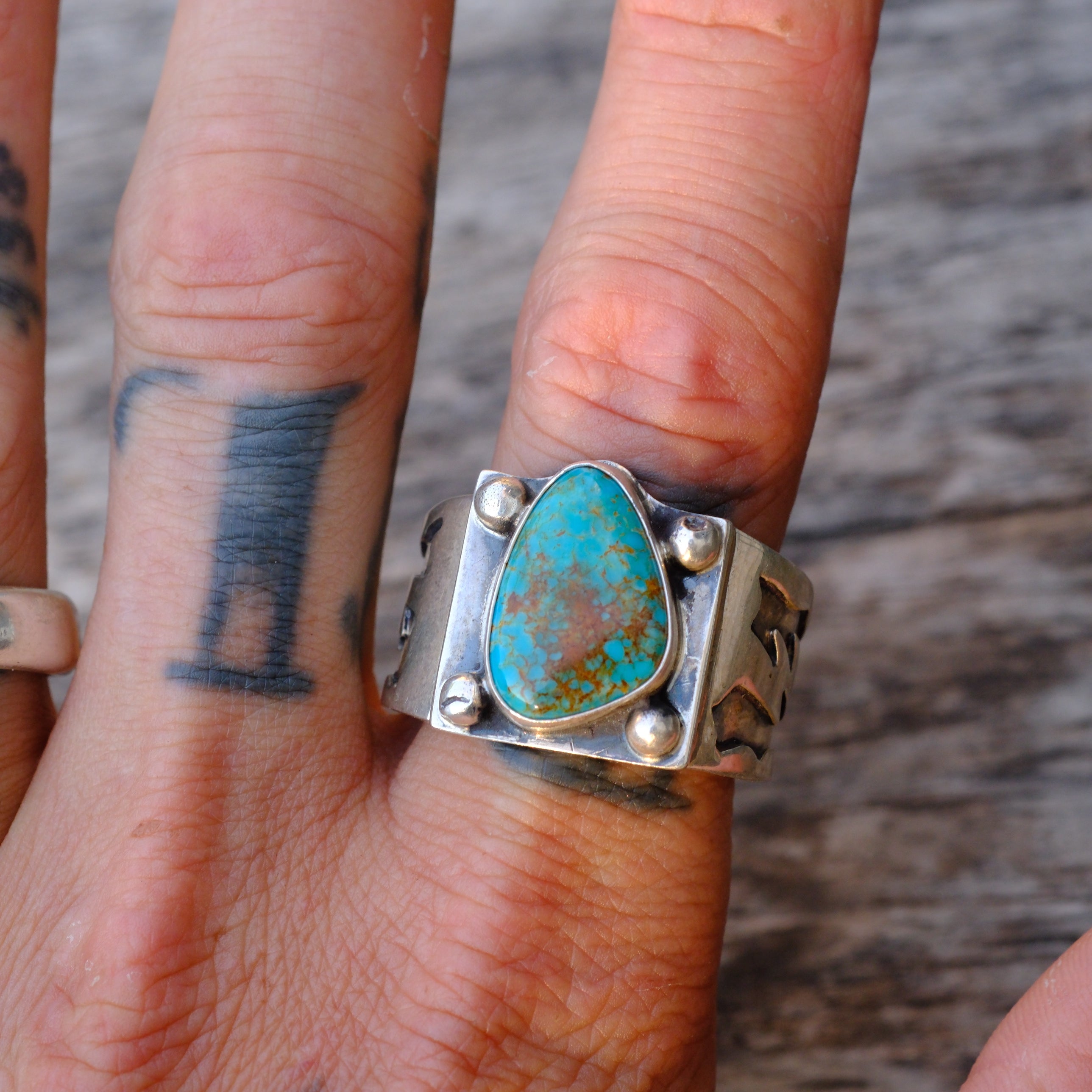 Sterling Silver Stamped Band Turquoise Ring 13.75