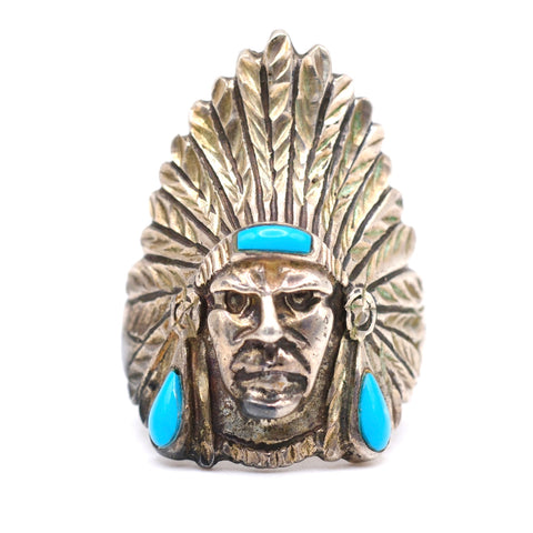 Vintage Sterling Turquoise Big Chief Ring 12