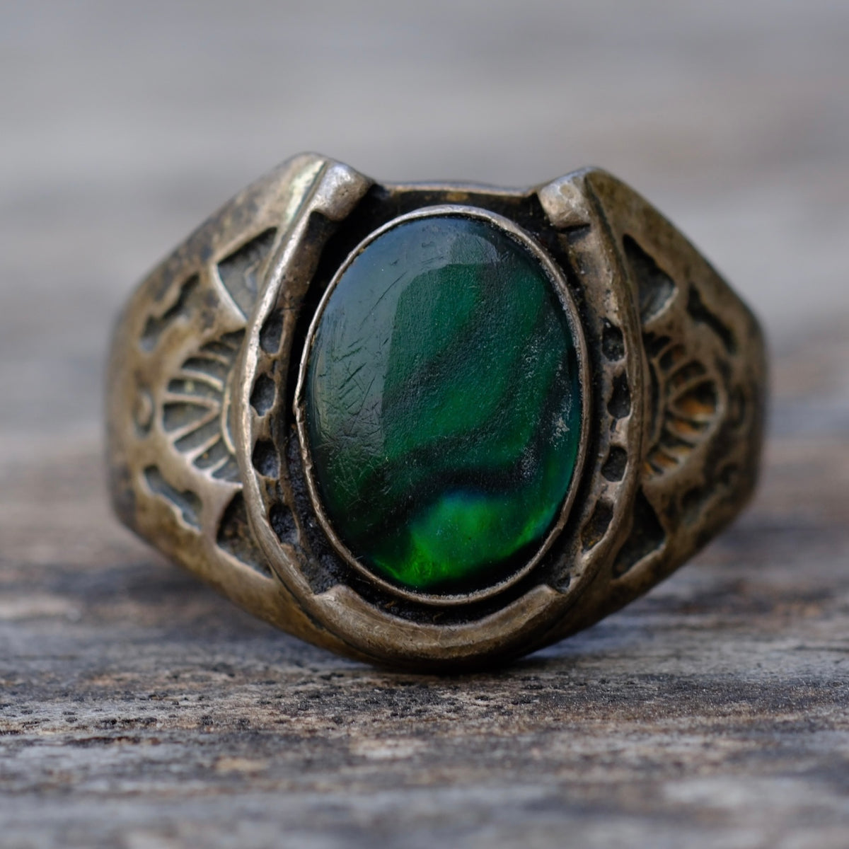Vintage Sterling Blue Abalone Horseshoe Ring 12
