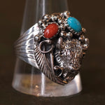 Vintage Sterling Turquoise and Coral Buffalo Ring 12.5