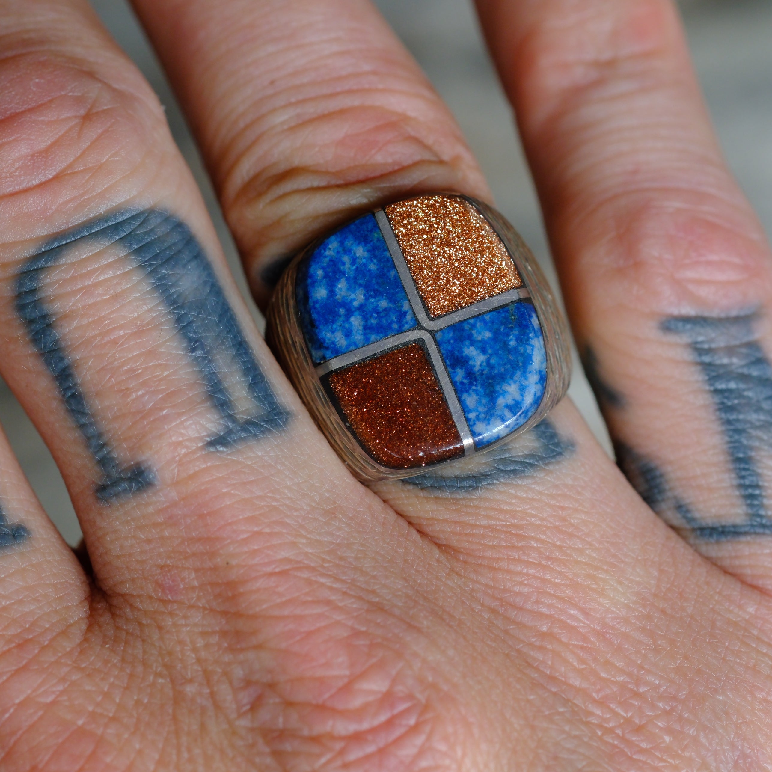 Vintage Sterling Lapis and Goldstone Inlay Ring 9